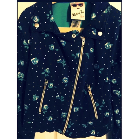 Blue Floral Polka Dot Moto Asymmetrical Zip Blazer Jacket Top-Girls Size 8 - Picture 4 of 4
